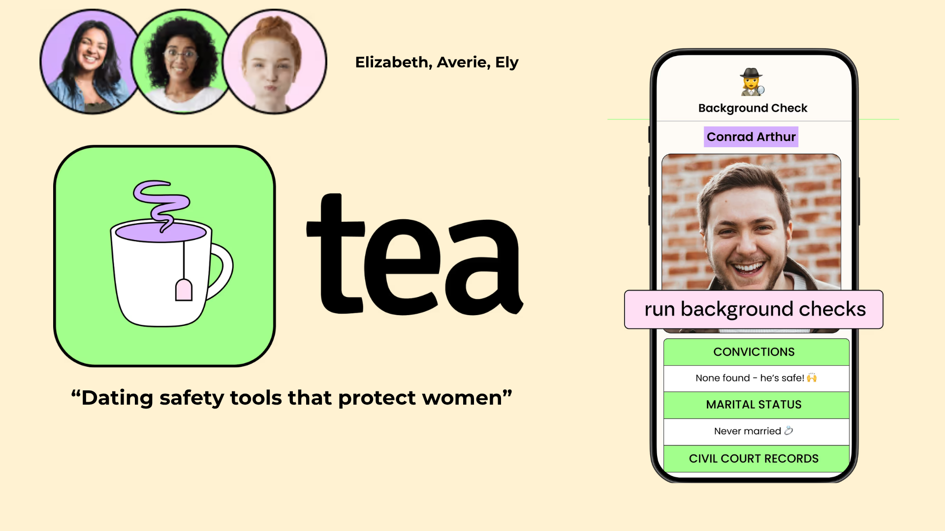 Title slide of The Tea App ethical audit presentation by Averie Dow and research team